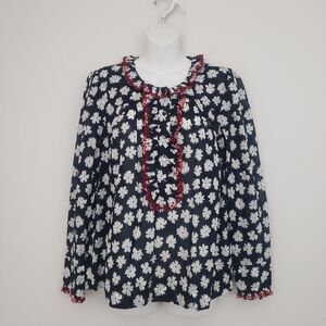 J Crew Popover Top Floral Small Navy Blue Ruffles Woven Preppy Cottagecore